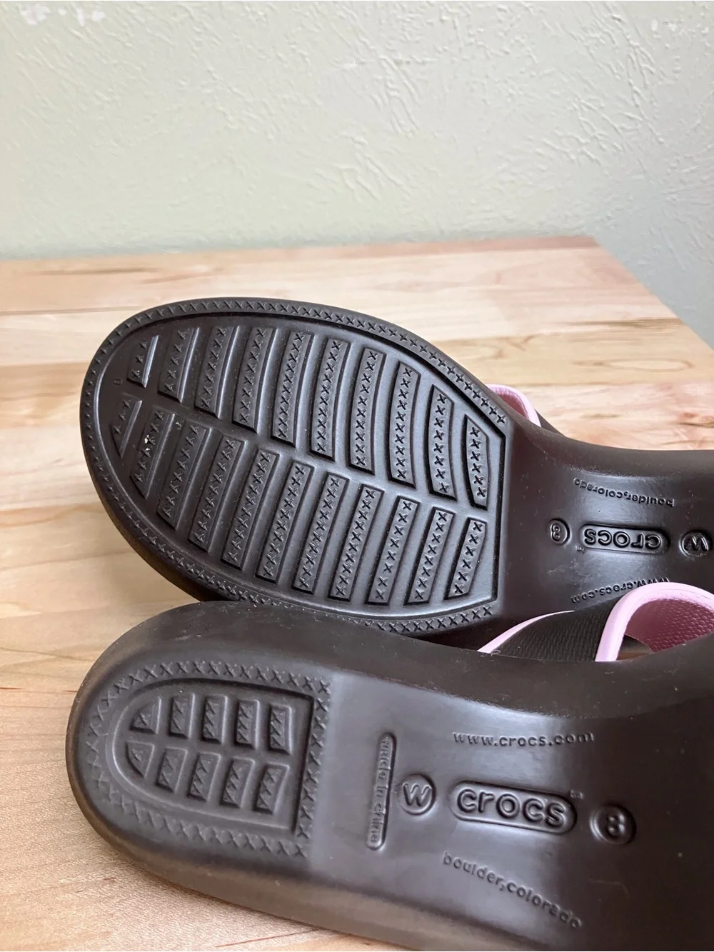 CROCS Two-Strap Slide Sandals in Light Pink and Dark Brown
